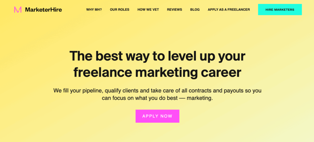 Screenshot of the MarketerHire freelancer application page